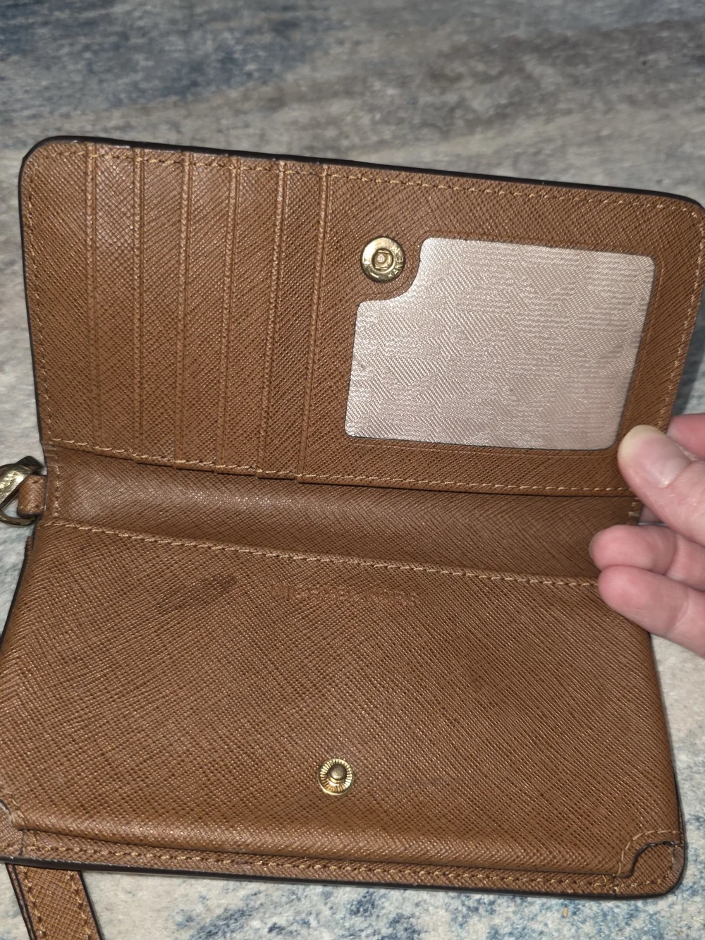 Michael Kors Beige and White MK Logo Wristlet Wallet with Brown Strap